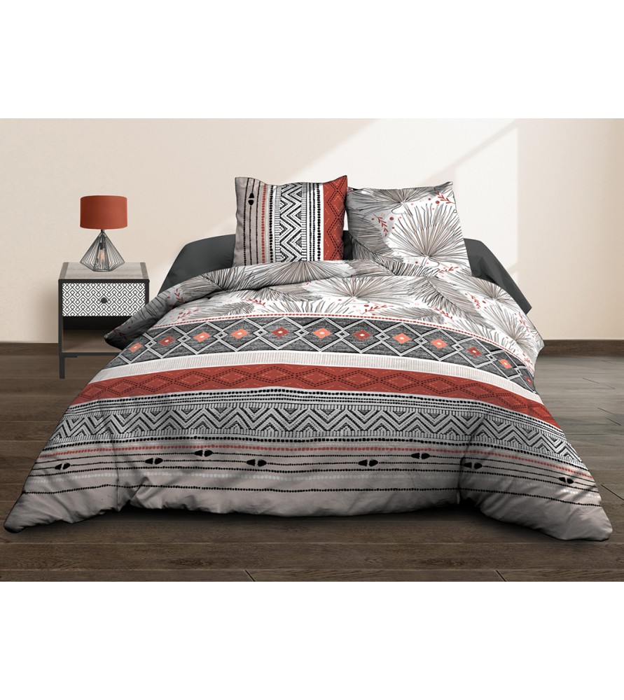 Housse de couette Coton 57 Fils - Palme Brique - 220x240 cm + 2 taies assorties