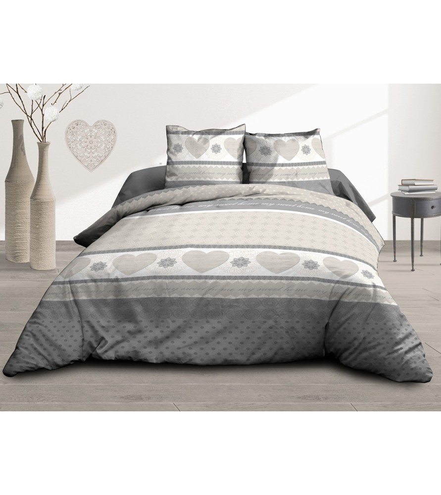 Maxi Housse de couette Coton 57 Fils - Coeurs taupe - 240x260 cm + 2 taies assorties