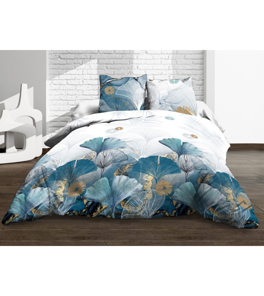Maxi Housse de couette Coton 57 Fils - Ginko bleu - 240x260 cm + 2 taies assorties