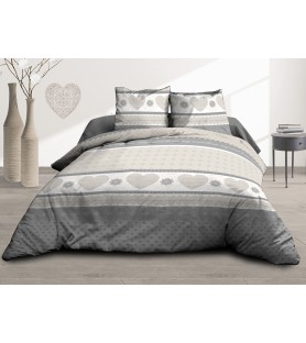 Parure de draps Coton 57 Fils - Coeurs taupe - Drap plat + drap-housse 140 + 2 taies
